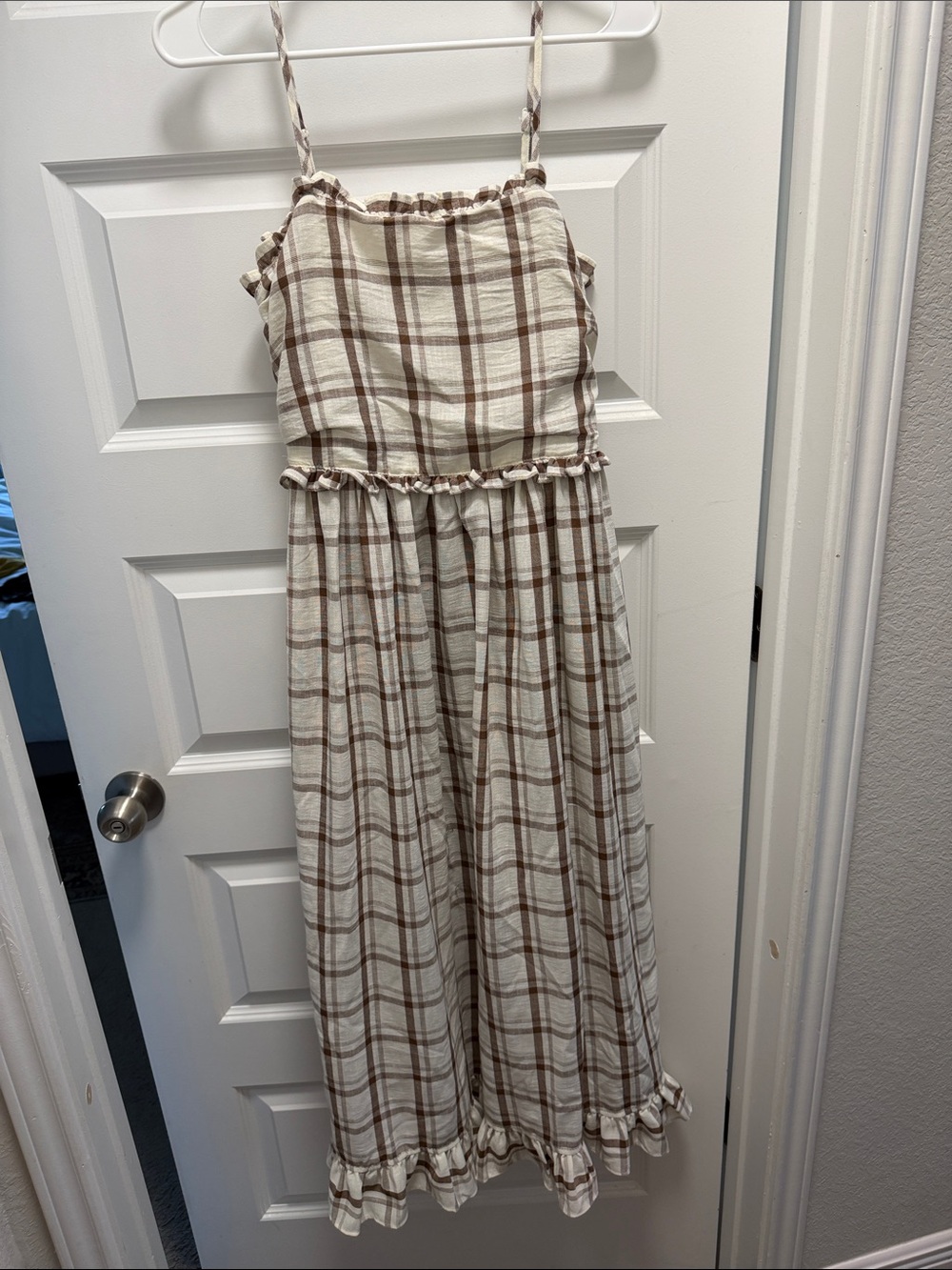 Max Studio Cream and Brown Plaid Ruffle Sundress